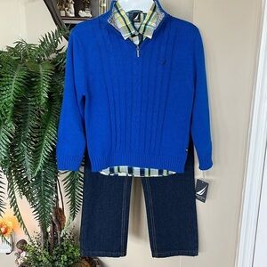 Brand New Nautica 3-Piece Set Blue Sweater Button Up Plaid Shirt Dark Wash Jeans